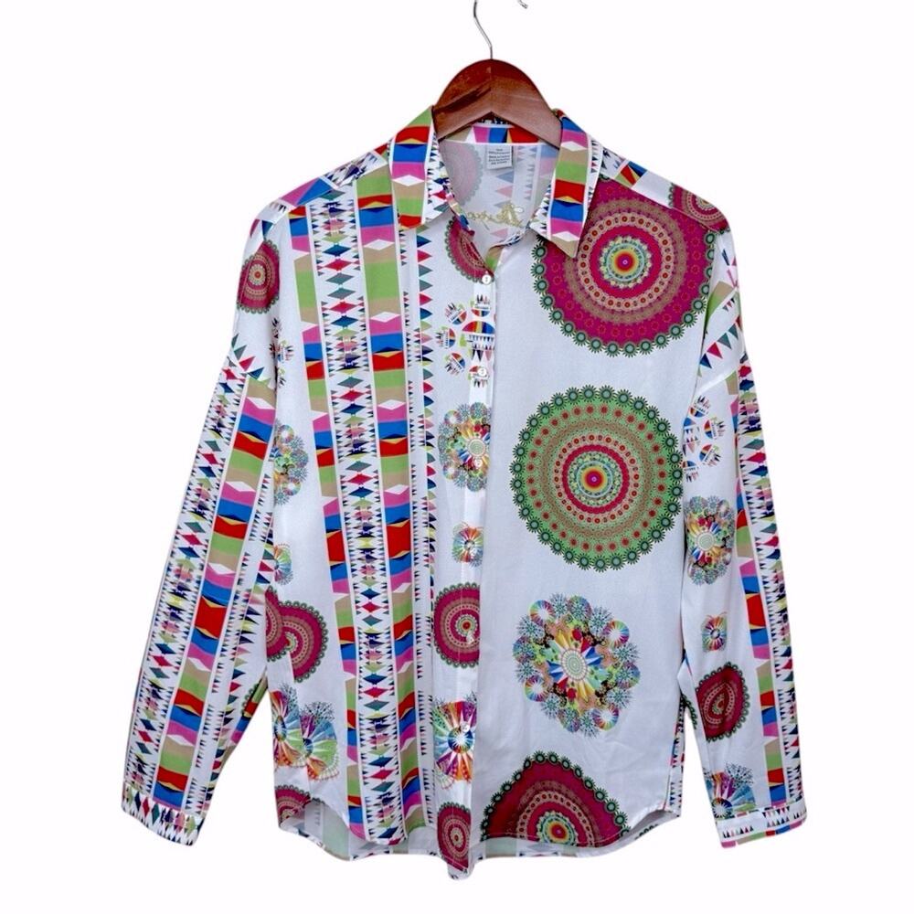 DESIGUAL Women’s Sz (EU/M) Colorful Geometric Eclectic Pattern Button Blouse